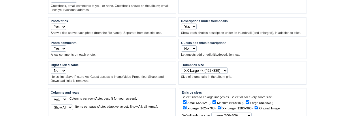 Edit Album settings with Enlarge sizes checkboxes and the Default enlarge size menu