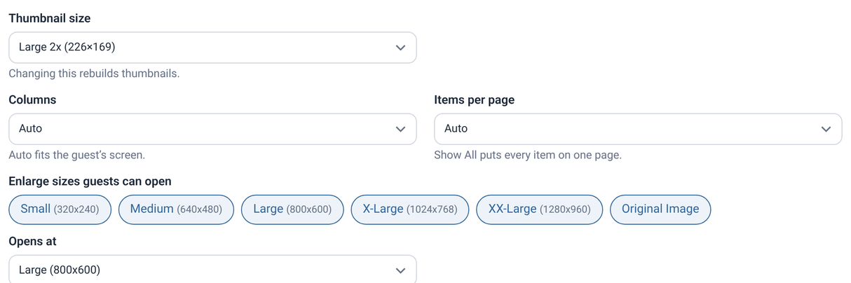Edit Album settings with Enlarge sizes checkboxes and the Default enlarge size menu