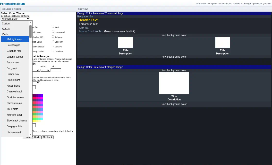 Album Personalize page with the Select Color Theme list and a live preview