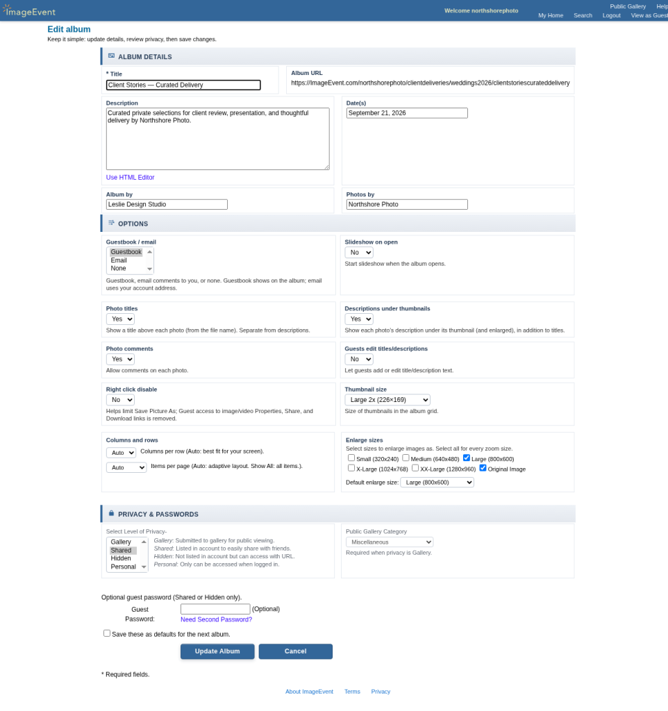 The Edit album form for a client album with privacy and delivery options