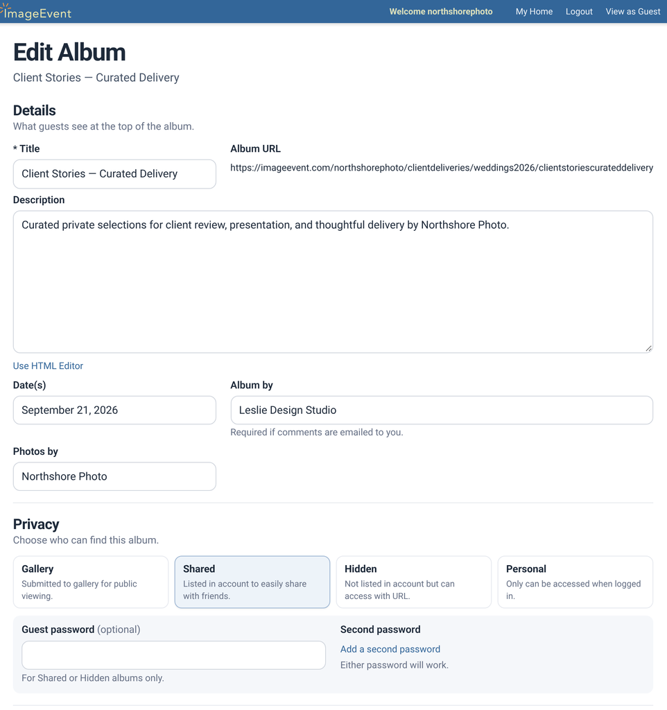 The Edit album form for a client album with privacy and delivery options