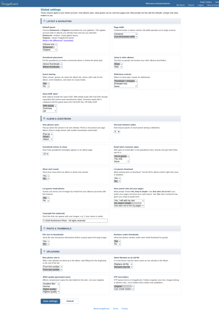 Global Settings with Guest sharing, Let guests download, and Let guests email photos
