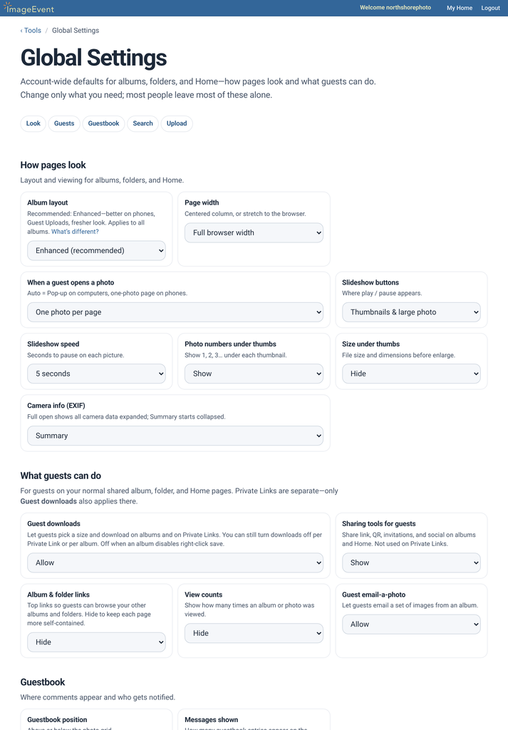 Global Settings with Sharing tools for guests, Guest downloads, and Guest email-a-photo