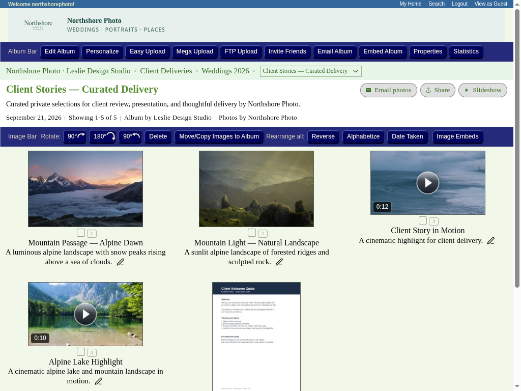 The client delivery album with photos, two videos, and a PDF guide
