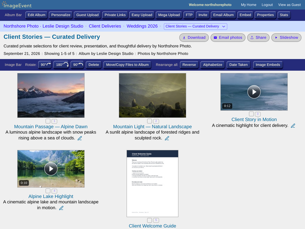 The client delivery album with photos, two videos, and a PDF guide