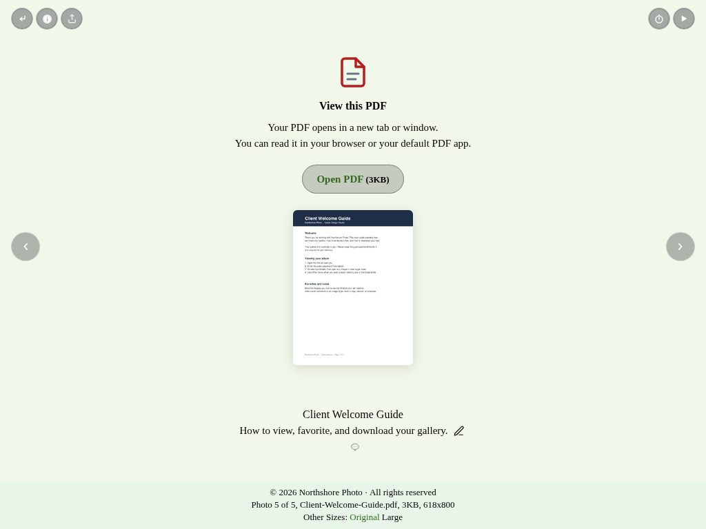 The Client Welcome Guide PDF open in the album viewer