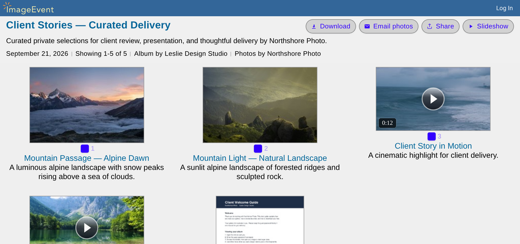 Client Stories album with its photos ticked and Download at the top right