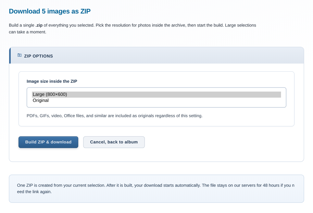 Download 5 images as ZIP, with Image size inside the ZIP: Large (800×600) or Original, and Build ZIP & download