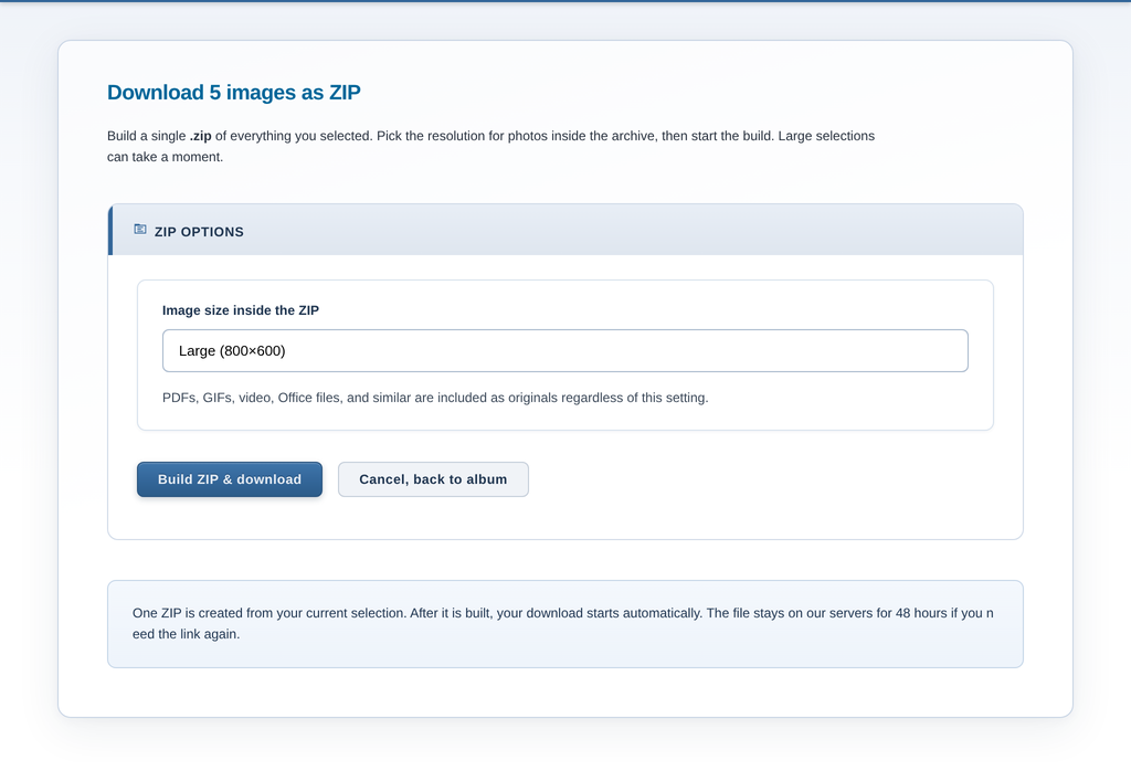 Download 5 images as ZIP, with Image size inside the ZIP: Large (800×600) or Original, and Build ZIP & download