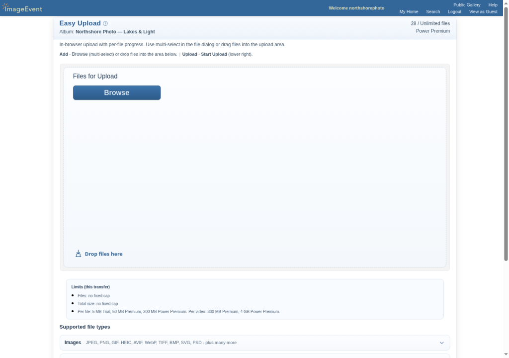 Easy Upload page with the target album, a Browse button, and a drop area