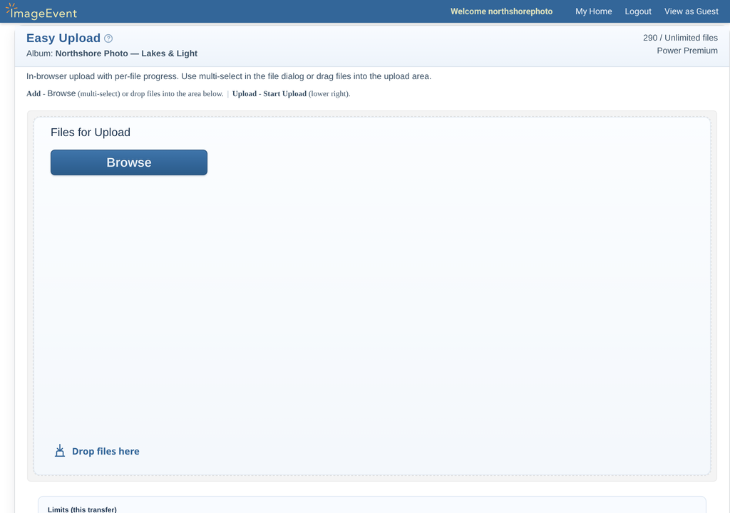 Easy Upload page with the target album, a Browse button, and a drop area