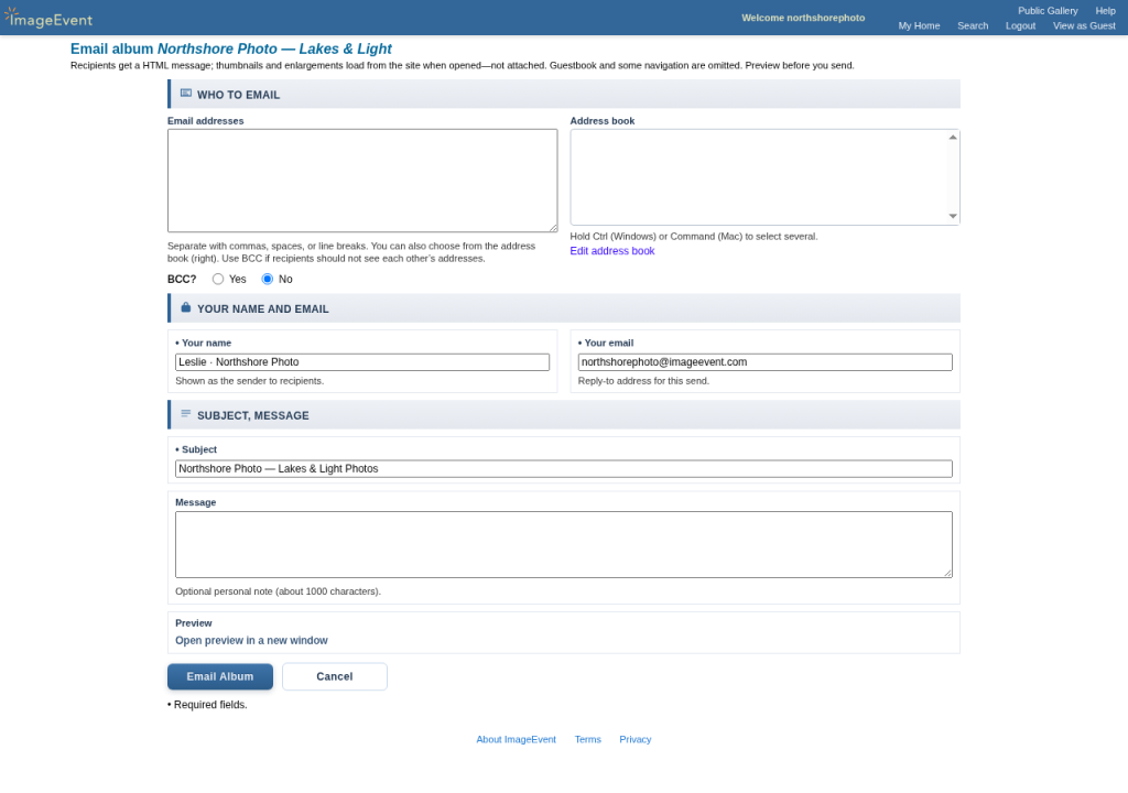 The Email Album form with recipients, sender, subject, message, and Preview