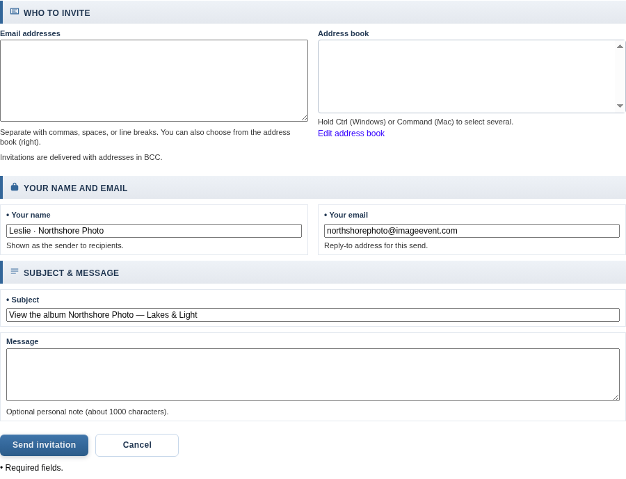 The Invite Friends form with addresses, sender, subject, and message