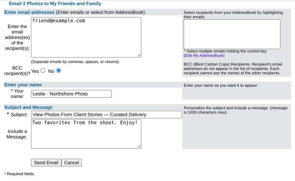 Email 2 Photos to My Friends and Family, with a recipient, BCC, your name, a subject, and a message