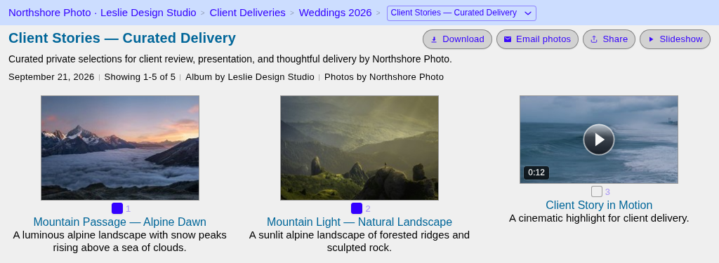 Client Stories album with two photos ticked and Email photos at the top right, next to Download