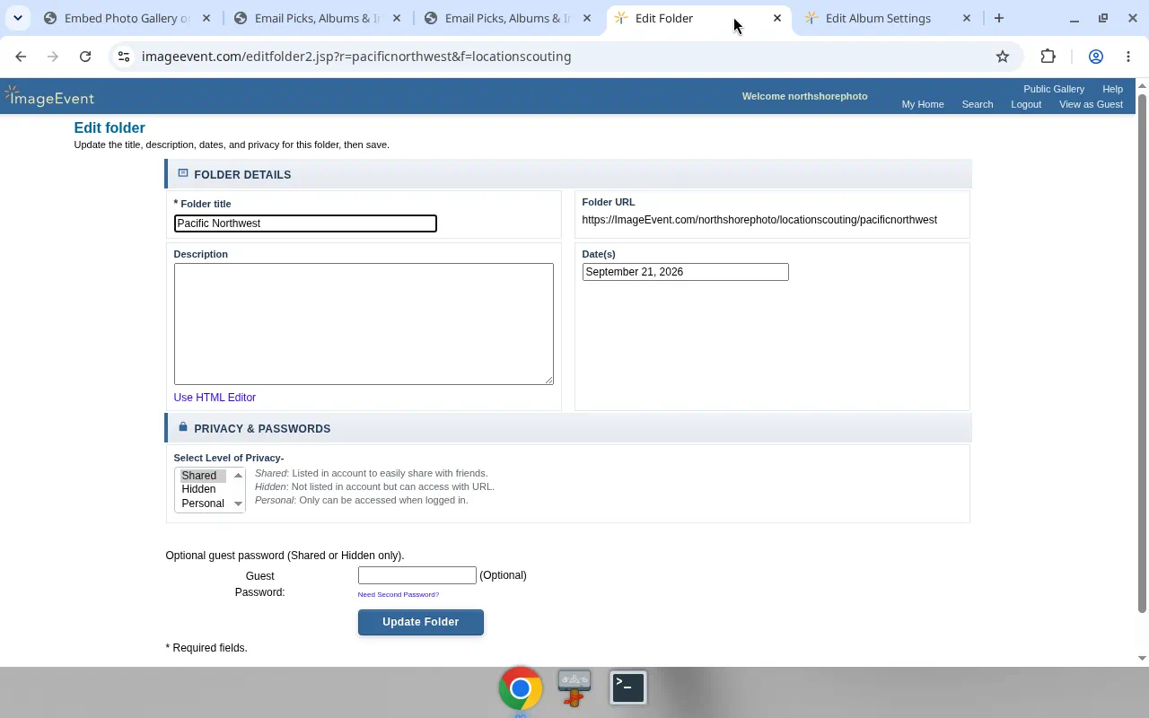 Edit folder privacy with Shared, Hidden, and Personal and a guest password field