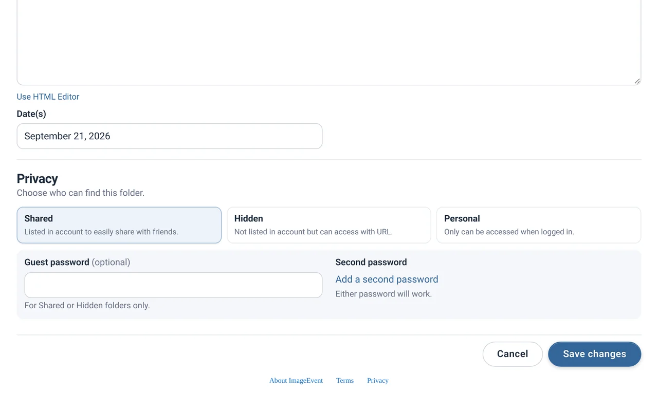 Edit folder privacy with Shared, Hidden, and Personal and a guest password field