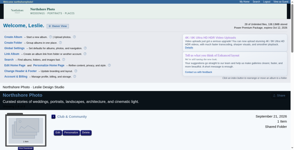 A Home page listing folders and albums with owner tools