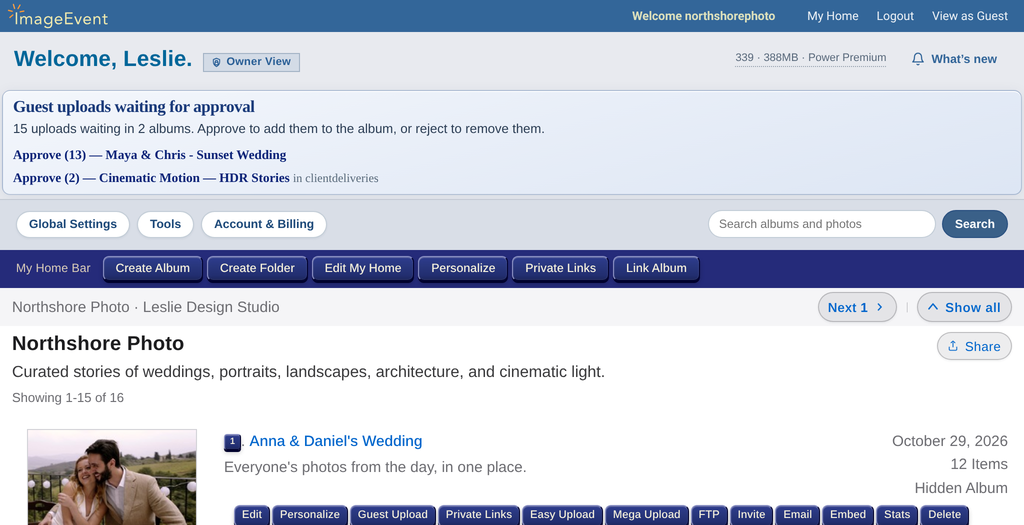 A Home page listing folders and albums with owner tools