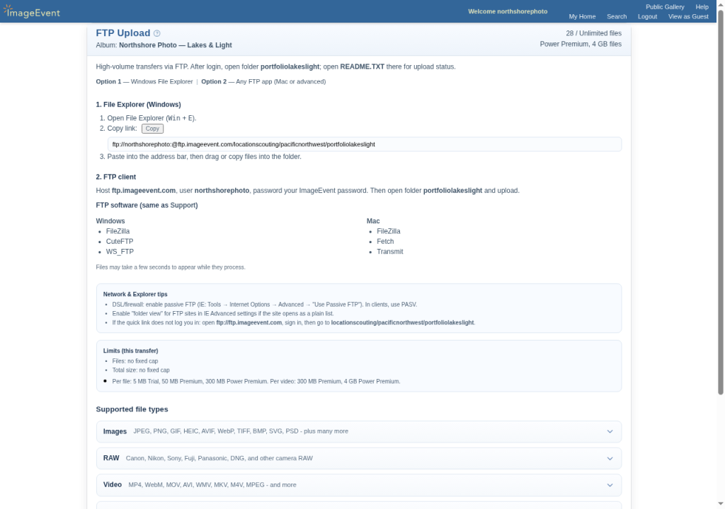 FTP Upload page with connection details and FTP app suggestions