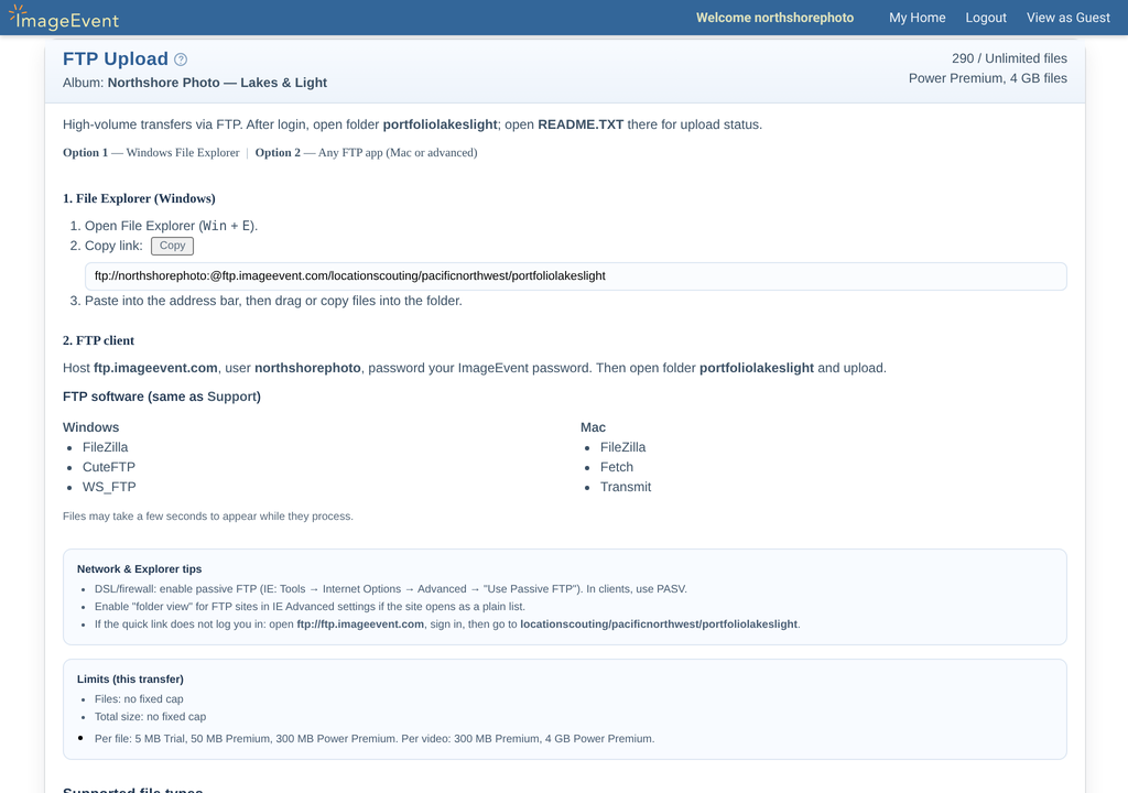 FTP Upload page with connection details and FTP app suggestions