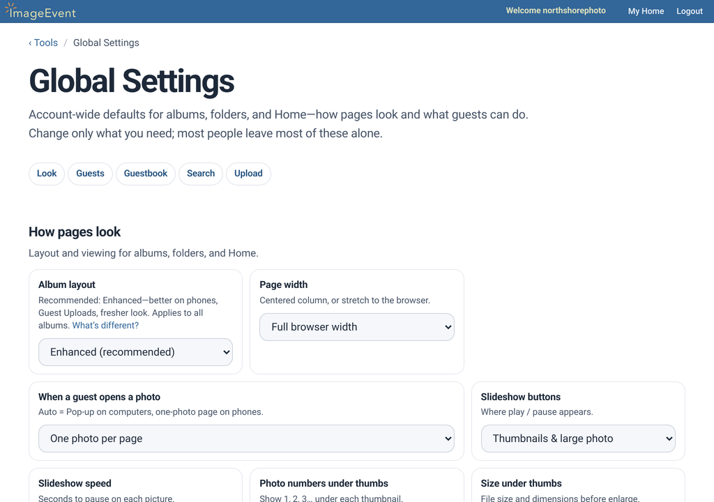 Global Settings How pages look section