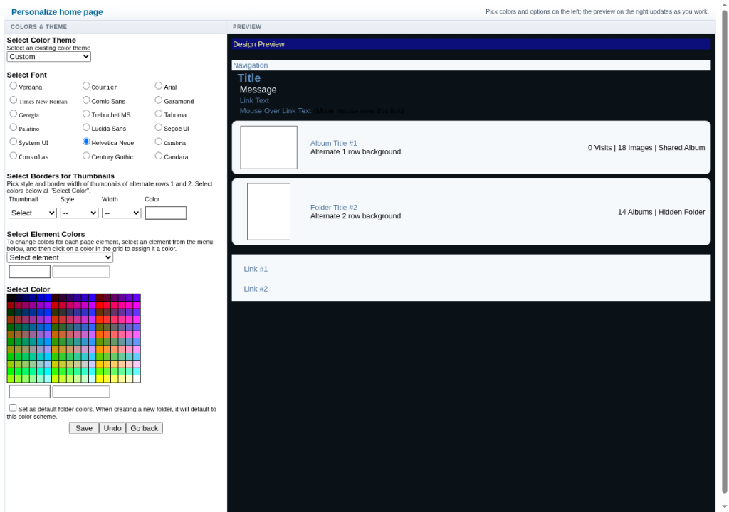 Personalize Home Page with Colors and theme, fonts, borders, element colors, and a preview