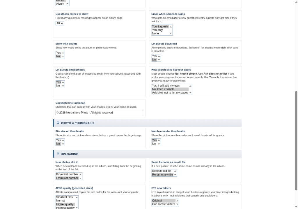 Global Settings guest and upload options