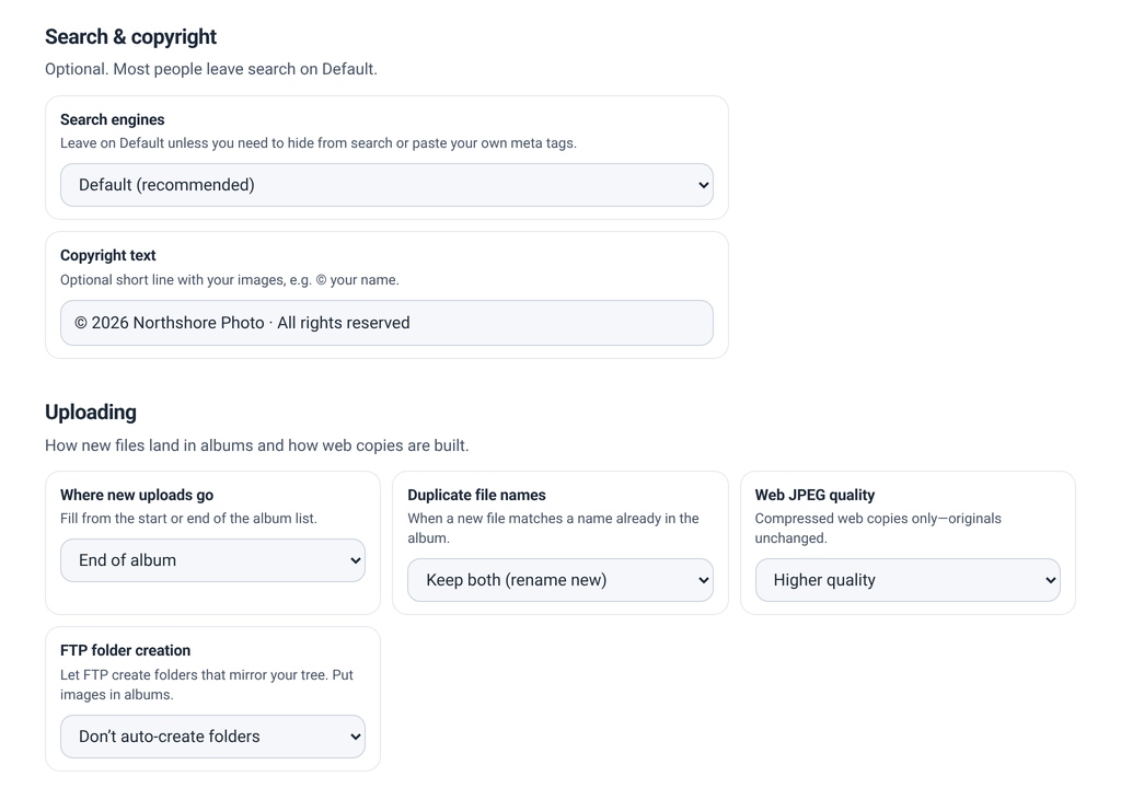Global Settings guest and upload options
