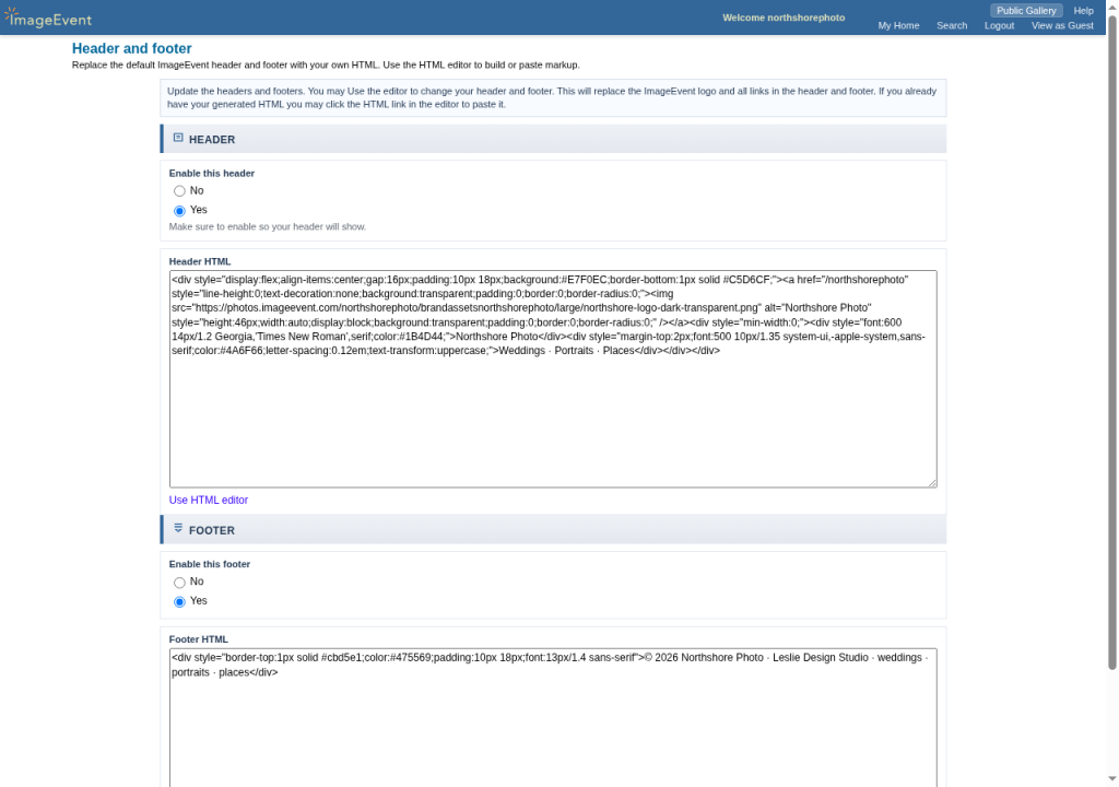 Header and footer page with Enable this header, Header HTML, and the footer fields