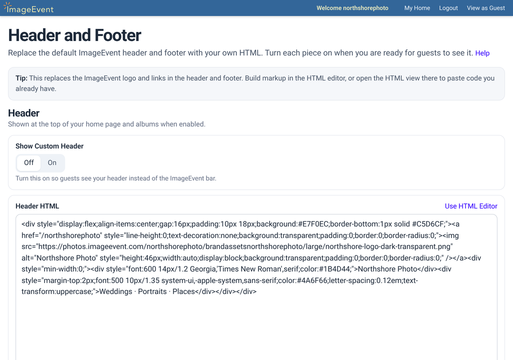 Header and footer page with Enable this header, Header HTML, and the footer fields