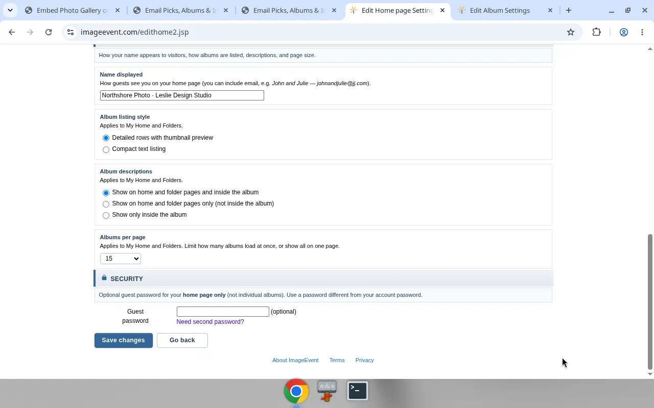 Home page Security section with an optional guest password