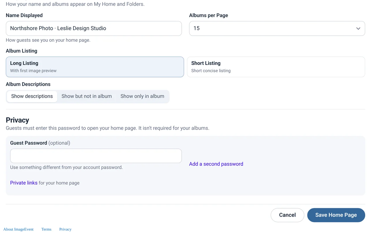 Home page Security section with an optional guest password