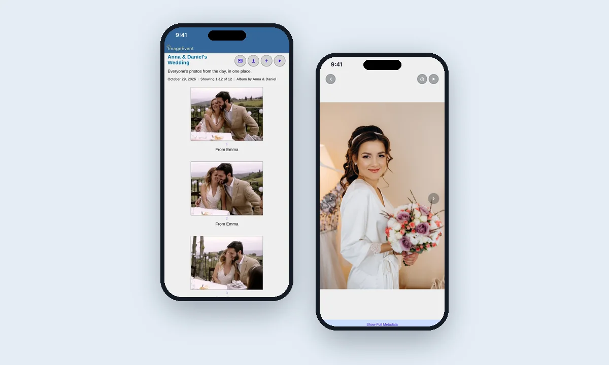 Anna & Daniel’s Wedding opened from a Private Link on two phones: the album, one photo per row marked From Emma, and the bride with her bouquet opened big.