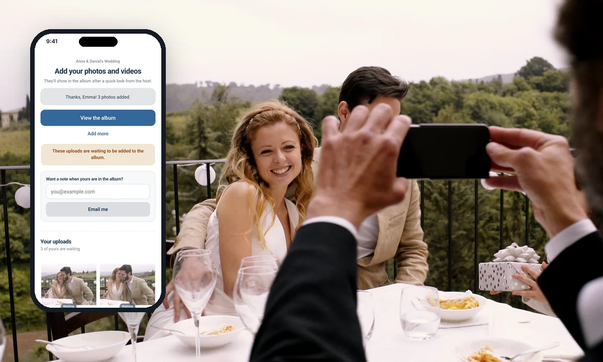 A guest at Anna and Daniel’s wedding lunch photographs the couple, next to the real ImageEvent page a guest sees after uploading: Thanks, Emma! 3 photos added.