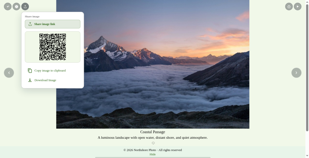 A photo with its Share image panel open, showing a QR code, Copy image to clipboard, and Download Image