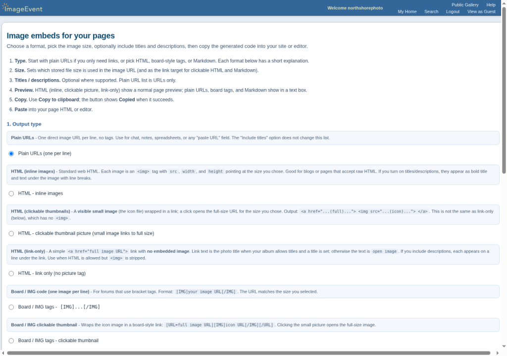 The Image embeds page with output type, size, titles, preview, and generated code