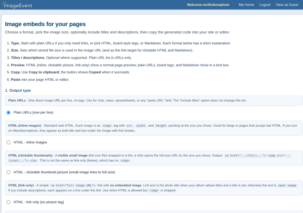 The Image embeds page with output type, size, titles, preview, and generated code