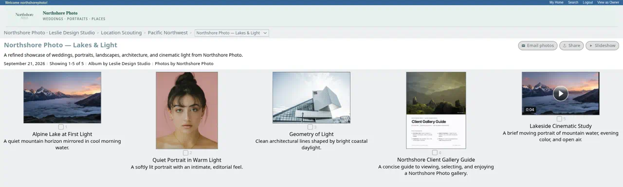 Guest View of an album: the breadcrumb, title, album details, and photos, with no editing buttons