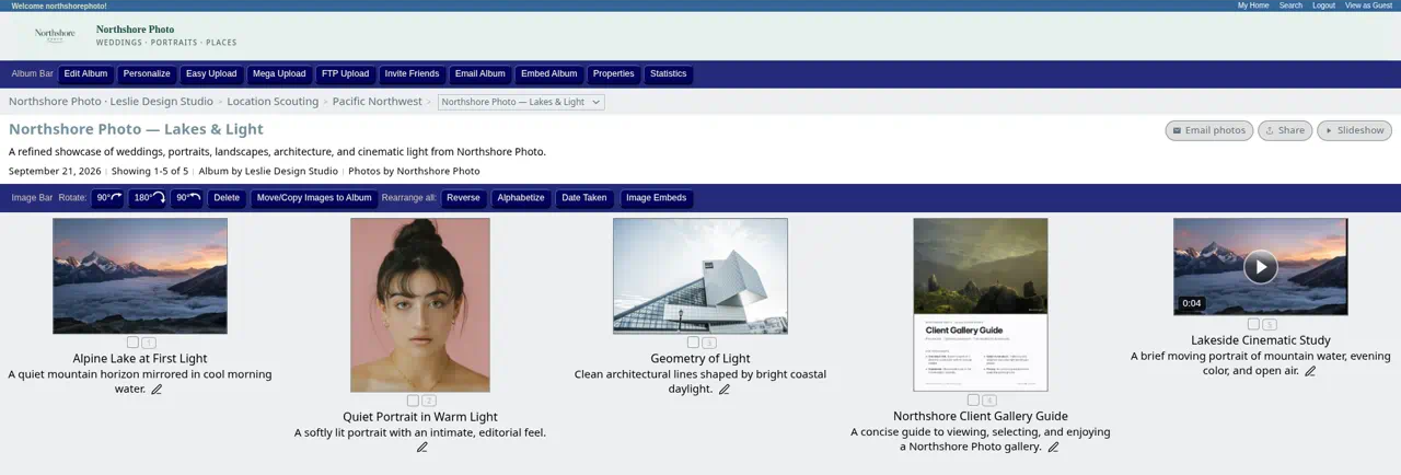 Owner's View of the same album: the Album Bar and Image Bar above the photos, with a pencil edit icon under each thumbnail