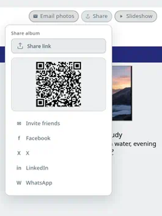 An album's Share panel open under the Share button, with Share link, a QR code, Invite friends, Facebook, X, LinkedIn, and WhatsApp