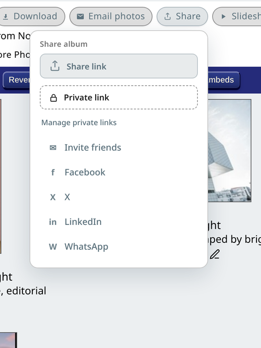 An album's Share panel with Share link and Private link