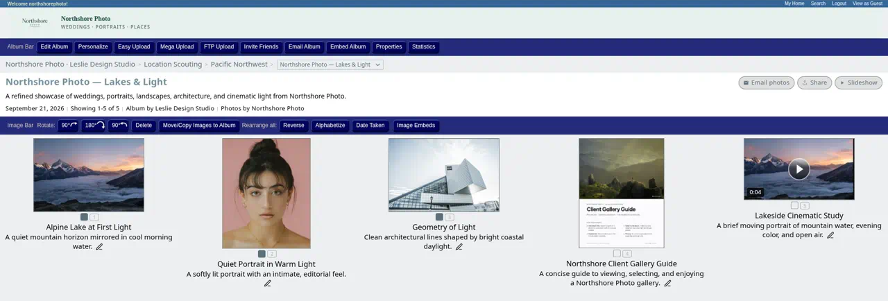 An album with its first three photos ticked (Alpine Lake at First Light, Quiet Portrait in Warm Light, and Geometry of Light), and the Image Embeds button in the Image Bar