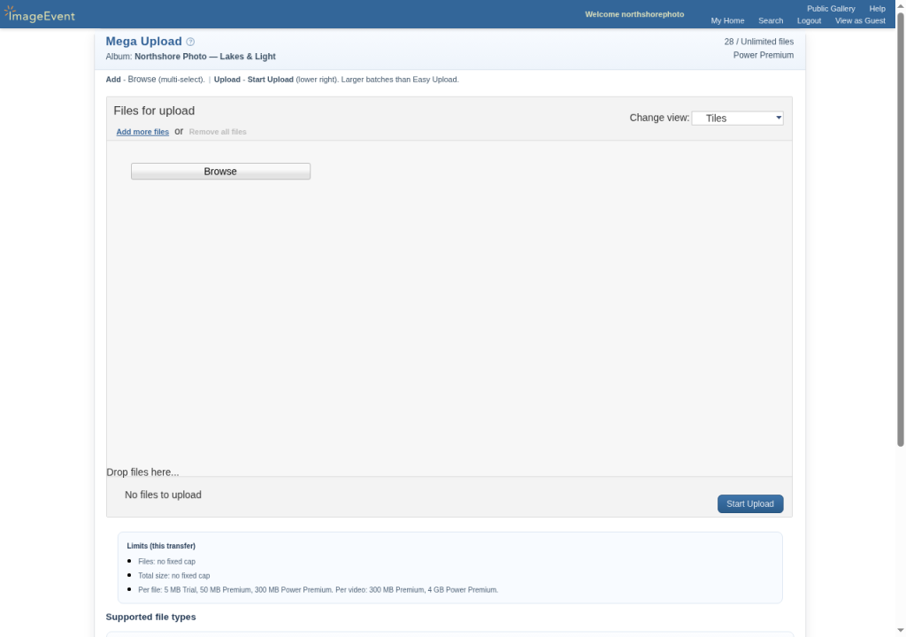 Mega Upload page with Add more files, Remove all files, and Start Upload