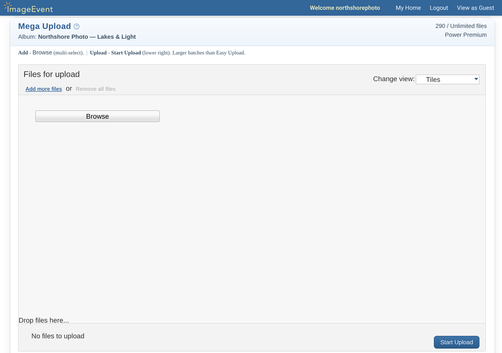 Mega Upload page with Add more files, Remove all files, and Start Upload