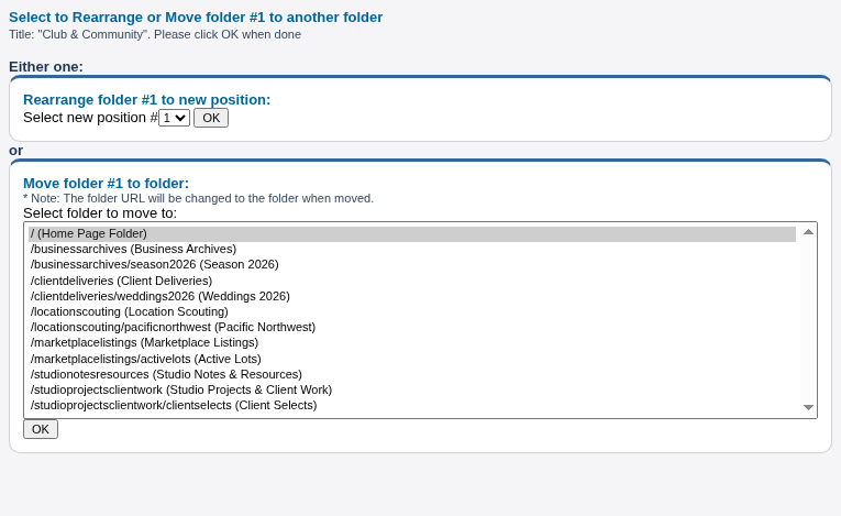 The Rearrange/Move dialog with a new position menu and a folder list
