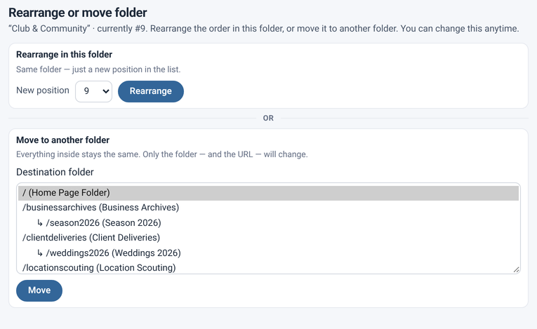 The Rearrange/Move dialog with a new position menu and a folder list