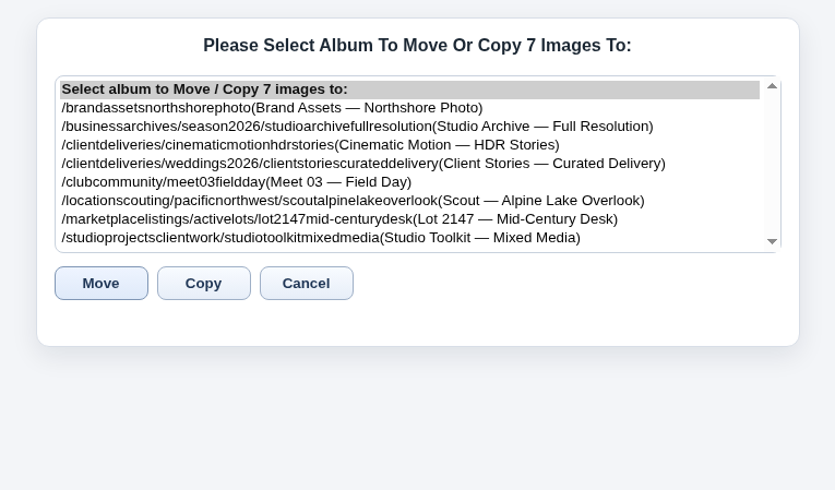 The Move or Copy dialog with a list of destination albums
