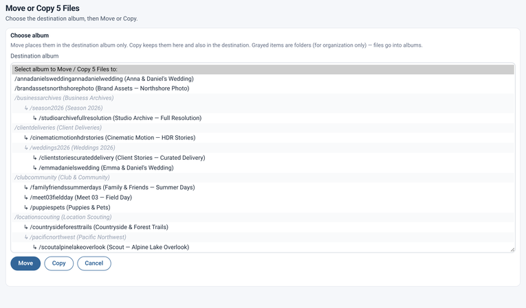 The Move or Copy dialog with a list of destination albums