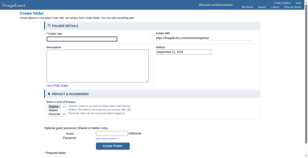 The Create Folder form with title, URL, description, dates, and privacy